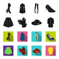 Skirt with folds, leather gloves, women`s hat with a bow, shirt on the fastener. Women`s clothing set collection icons