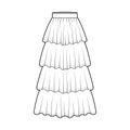 Skirt 4 layered flounce maxi technical fashion illustration with floor ankle lengths silhouette, circular fullness. Flat