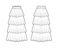 Skirt 4 layered flounce maxi technical fashion illustration with floor ankle lengths silhouette, circular fullness. Flat