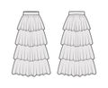 Skirt 4 layered flounce maxi technical fashion illustration with floor ankle lengths silhouette, circular fullness. Flat