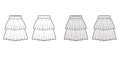 Skirt 2 layered flounce technical fashion illustration with knee length silhouette, circular fullness. Flat bottom