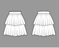 Skirt layered flounce technical fashion illustration with knee length silhouette, circular fullness. Flat bottom