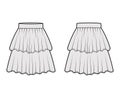 Skirt layered flounce technical fashion illustration with knee length silhouette, circular fullness. Flat bottom