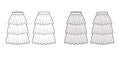 Skirt layered ruffle tiared flounce technical fashion illustration with below-the-knee lengths, circle silhouette. Flat