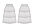 Skirt layered ruffle tiared flounce technical fashion illustration with below-the-knee lengths, circle silhouette. Flat