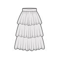 Skirt layered ruffle tiared flounce technical fashion illustration with below-the-knee lengths, circle silhouette. Flat