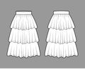Skirt layered ruffle tiared flounce technical fashion illustration with below-the-knee lengths, circle silhouette. Flat