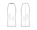 Skirt long bias cut technical fashion illustration with maxi lengths silhouette, semi-fitted fullness bottom template