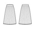 Skirt pleat technical fashion illustration with below-the-knee silhouette, circular fullness, thick waistband bottom