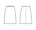 Skirt sheath technical fashion illustration with straight knee silhouette, pencil fullness. Flat bottom template front