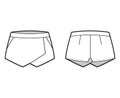 Skirt skort shorts skort technical fashion illustration with mini length silhouette, pencil fullness, thin waistband