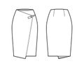 Skirt wrap technical fashion illustration with straight knee silhouette, pencil fullness, close with carabiner connector