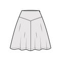 Skirt yoke technical fashion illustration with above-the-knee lengths silhouette, semi-circular fullness. Flat bottom