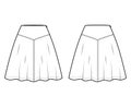 Skirt yoke technical fashion illustration with above-the-knee lengths silhouette, semi-circular fullness. Flat bottom