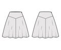 Skirt yoke technical fashion illustration with above-the-knee lengths silhouette, semi-circular fullness. Flat bottom