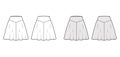 Skirt yoke technical fashion illustration with above-the-knee lengths silhouette, semi-circular fullness. Flat bottom