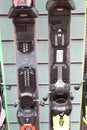 skis with bindings on display sports shop-