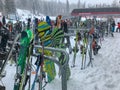 Skis during lunch