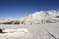 Skis with mountain backdrop, captured in La Thuile, Valle d`Aost