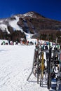 Skis rest on a rack at the bottom of a slope