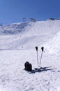 Skis, ski poles, backpack and ski lifts in Solden, Austria