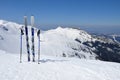 Skis, ski poles and Giewont in Tatra mountains