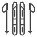 Skis and ski poles line icon, World snow day concept, Ski and sticks sign on white background, Ski equipment icon in