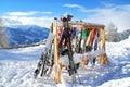 Skis in a ski resort Royalty Free Stock Photo
