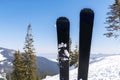 skis on snow hill mountain, winter alpine ski resort, extreme sport and winter mountain panoramic Royalty Free Stock Photo