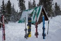 Skis in snow at mountains