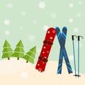 skis and snowboard stick out of snow before a spruce - invitation to the ski resort concept. Vector illustration