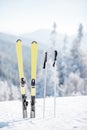 Skis on the snowy mountains Royalty Free Stock Photo