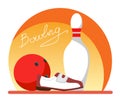 Skittles, ball and bowling shoes with text Bowling. Flat style illustration. Royalty Free Stock Photo