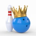 Skittles and blue bowling ball crowned with a gold crown isolated on white background Royalty Free Stock Photo