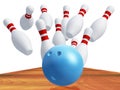 Skittles for game in bowling with blue ball Royalty Free Stock Photo