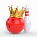 Skittles and red bowling ball crowned with a gold crown isolated on white background Royalty Free Stock Photo
