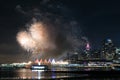 Night scene with new year fireworks seen from stanley park skyline of vancouver