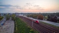 SKM train passing through next to the National Stadium in Warsaw. Royalty Free Stock Photo