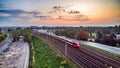 SKM train passing through next to the National Stadium in Warsaw. Royalty Free Stock Photo