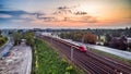 SKM train passing through next to the National Stadium in Warsaw. Royalty Free Stock Photo