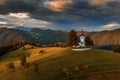 Skofja Loka, Slovenia - Aerial view of the beautiful hilltop church of Sveti Tomaz Saint Thomas with an amazing colorful sunset