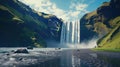 Skogafoss waterfall illustration, famous Iceland attraction for tourists