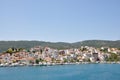 Skopelos island seaside coastline town with buildings, typical greek view