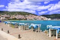 Skopelos island, view of town and restaurant near the sea. Sporades,Greece Royalty Free Stock Photo