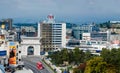 Panoramic Skyline of Skopje with view of Gate Macedonia and statue of Alexander the Great