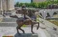 SKOPJE, MACEDONIA - June, 2017: Bronze sculpture of a furious man on a horse in Skopje Royalty Free Stock Photo