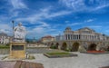 SKOPJE, MACEDONIA - June 10, 2017: Byzantine Emperor Justinian Statue and Stone Bridge, behind the Archeology Museum in Skopje