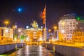 SKOPJE, MACEDONIA, MAY 14, 2016: Night view of the ancient stone bridge in the macedonian capital skopje leading to the Royalty Free Stock Photo