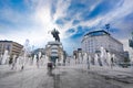 view of the macedonia square dominated by statue of alexander the great in skopje and dancing fountains backlit by the sun Royalty Free Stock Photo