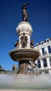 Statues and splashing water of fountain, monument representing the life of Alexander the great, Skopje city center on bright sunny